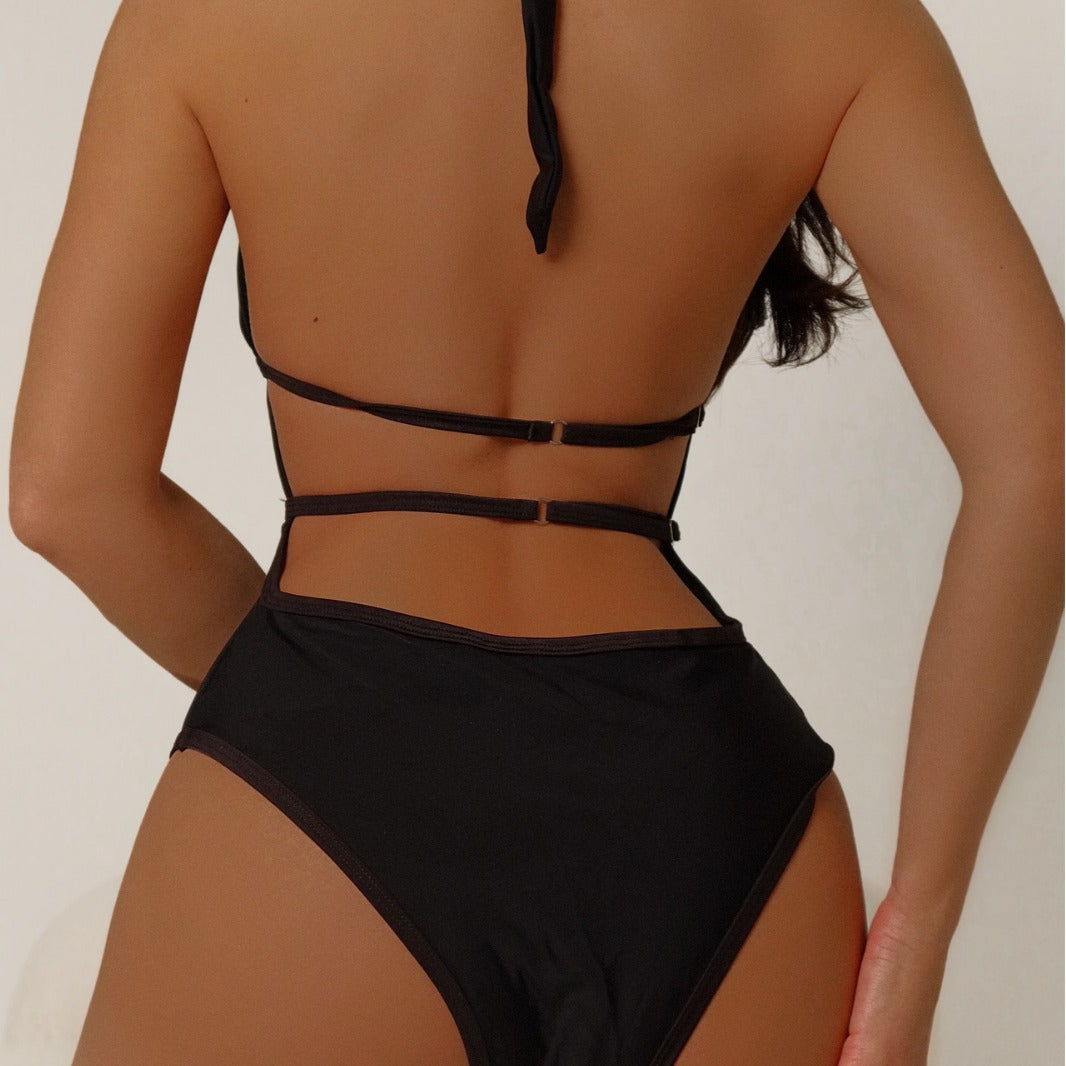 Sexy Black One Piece Swimsuit Women Transparent Backless Lace Up Swimsuit Tight Belt Chest Pad Bikini Bella Mia